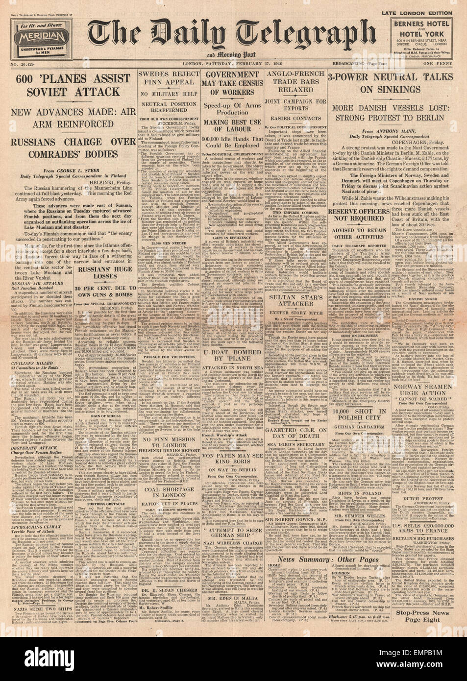 1940 weigert Titelseite Daily Telegraph Schlacht für Finnland Schweden Militärhilfe nach Finnland Stockfoto