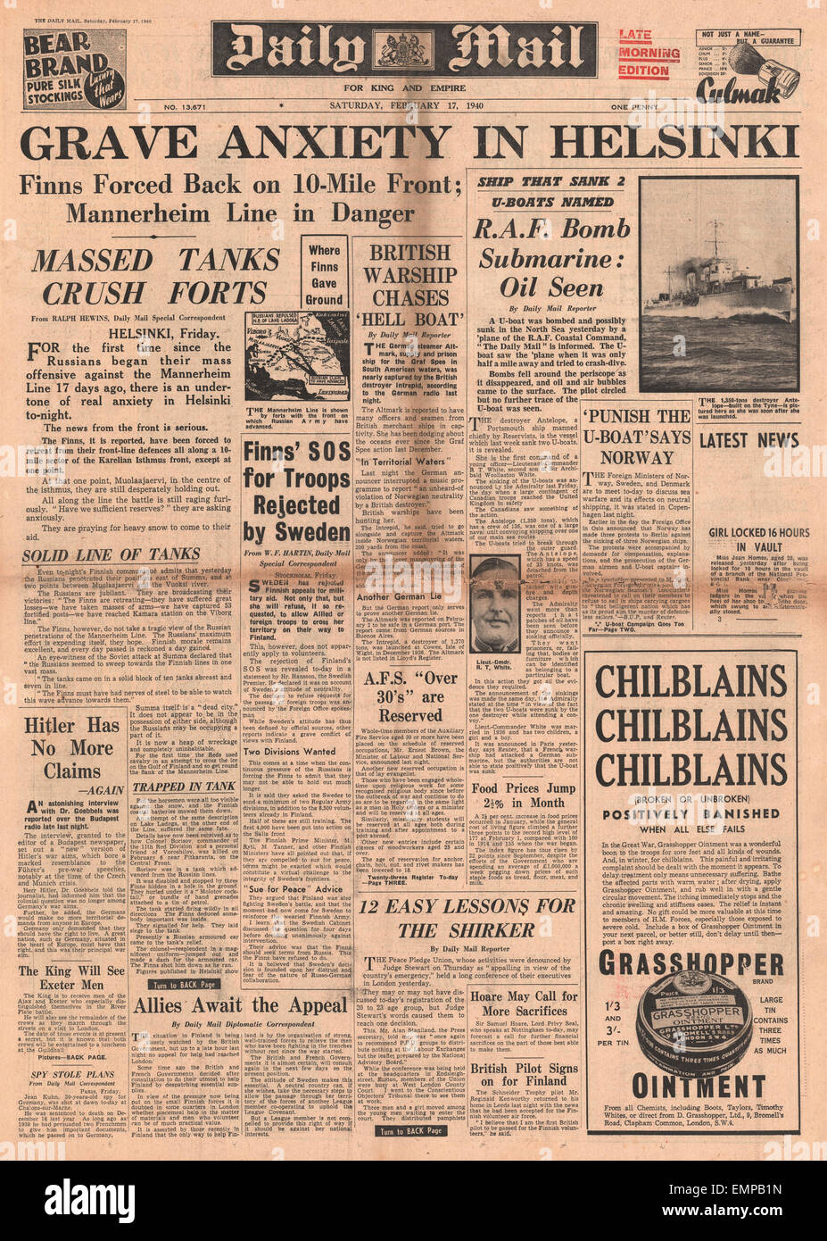 Titelseite 1940 nach Finnland Daily Mail finnischen Rückzug aus vorderster Front Schweden weigert sich, militärische Hilfe Stockfoto