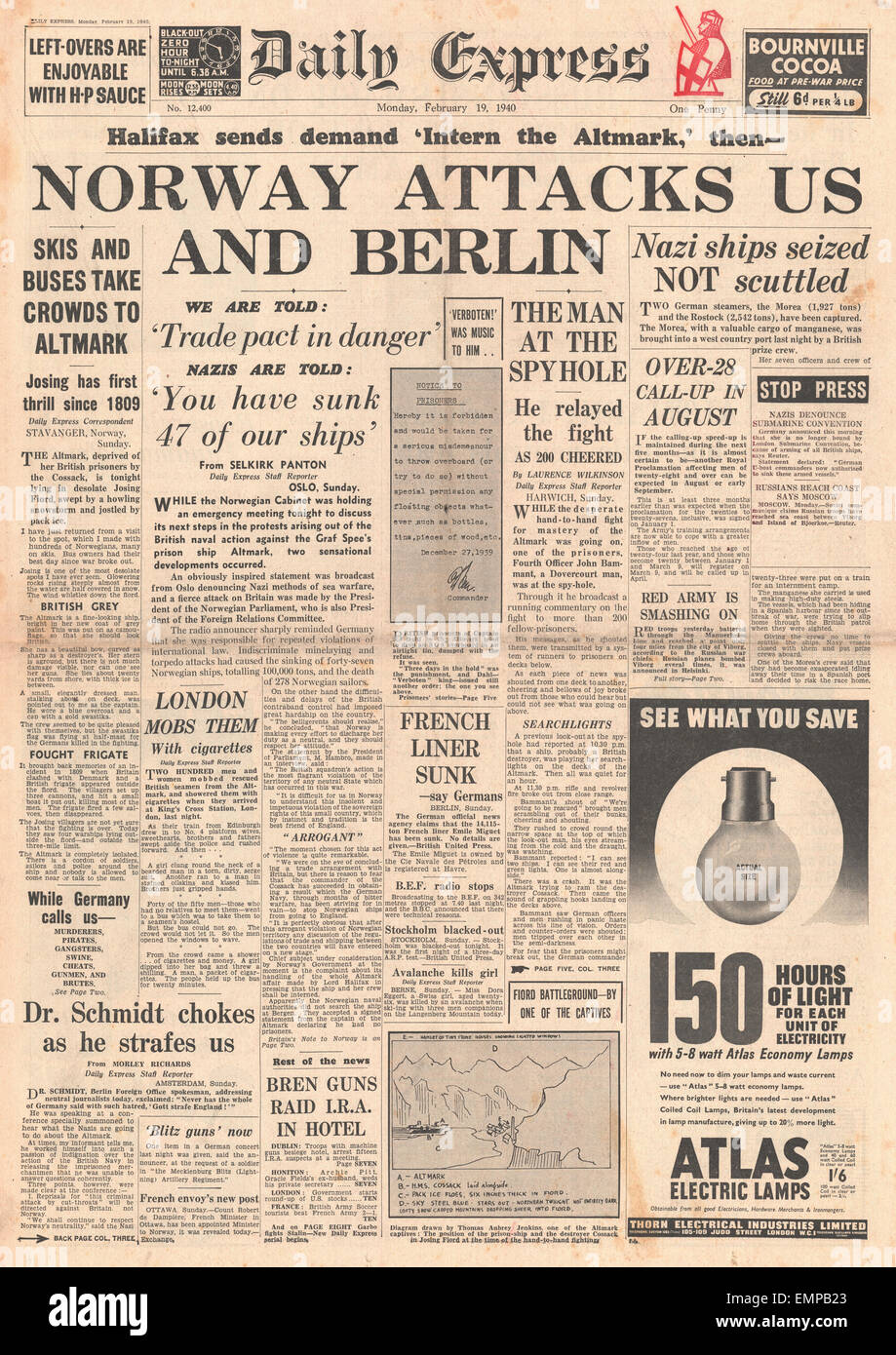 1940-Titelseite Daily Express Norwegen Proteste in Großbritannien USA über die Altmark-Zwischenfall Stockfoto