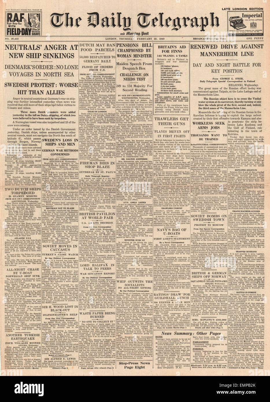 1940-Titelseite Daily Telegraph neutrale Länder Wut auf deutschen Attcks für den Versand Stockfoto