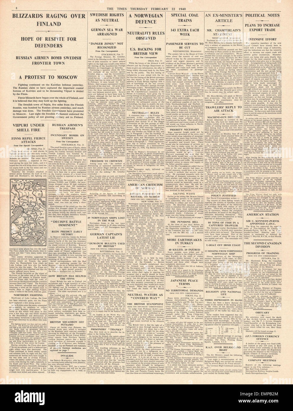 1940 die Times Seite 8 Kampf für Finnland erhöht Kohle Versorgung Stockfoto