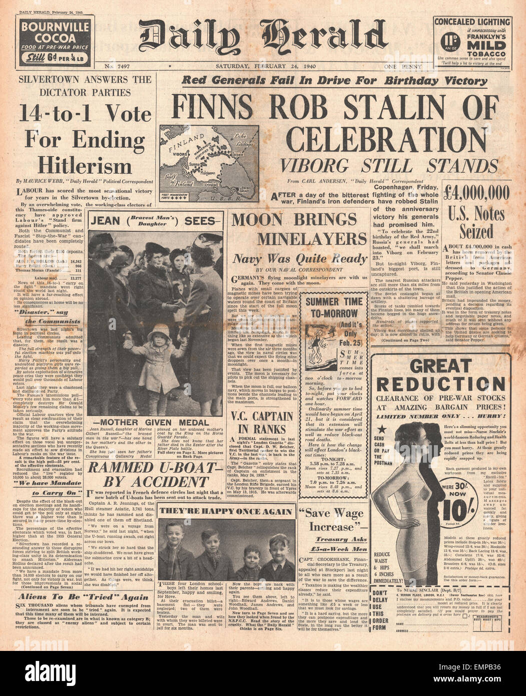 1940-Titelseite Daily Herald Finnland verteidigt Stadt Wyborg gegen russische Truppen Stockfoto