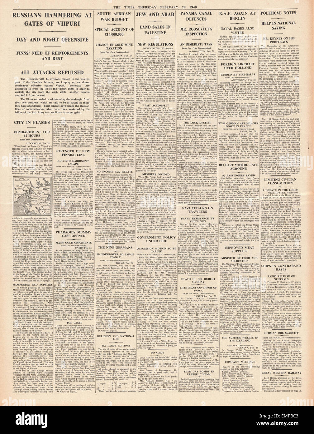 1940 Seite 8 The Times russischen Streitkräfte bedrohen Stadt von Viipuri Stockfoto