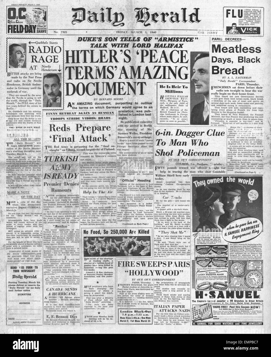 1940-Titelseite Daily Herald Geheimnis Friedensgespräche durch den Marquis von Tavistock Stockfoto