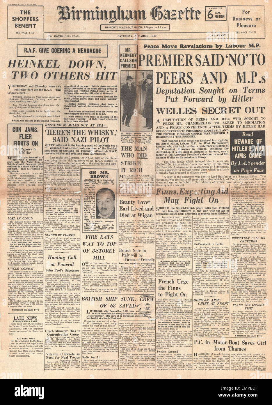 1940-Titelseite Birmingham Gazette Chamberlain lehnt Frieden Abordnung Stockfoto