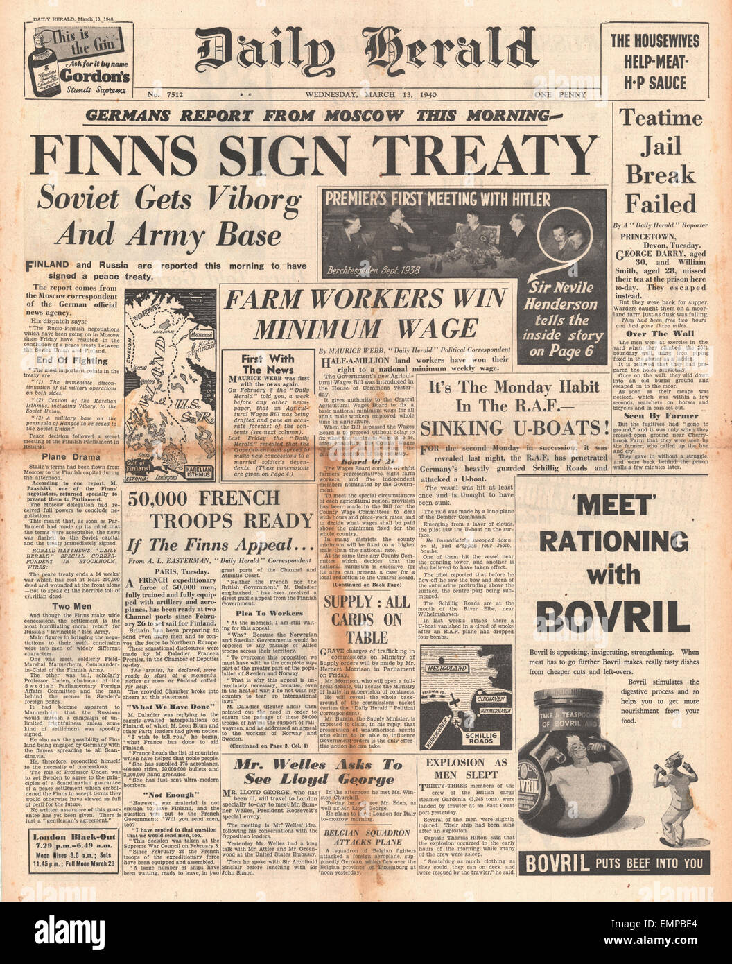 1940 Titelseite Daily Herald Friedenspakt kündigte Russland Finnland Stockfoto