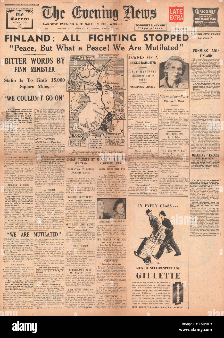 1940 Titelseite Evening News (London) Friedenspakt kündigte Russland Finnland Stockfoto