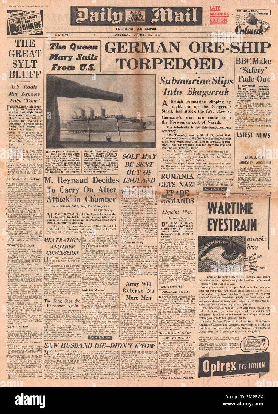 1940-Titelseite Daily Mail deutsche Erz Schiff Heddernheim torpediert vor der dänischen Küste Liner Queen Mary Departs aus New York Stockfoto