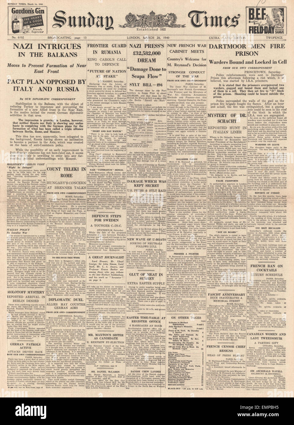 1940-Titelseite Sunday Times deutsche Diplomatie im Balkan Dartmoor Gefängnisaufstand Stockfoto