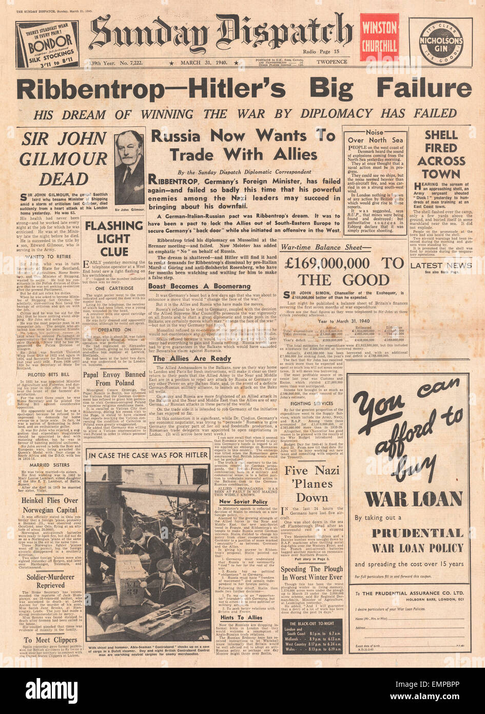 1940-Titelseite Sonntag Versand Deutschland Diplomatie für stärkere Beziehungen zu Russland schlägt fehl Stockfoto