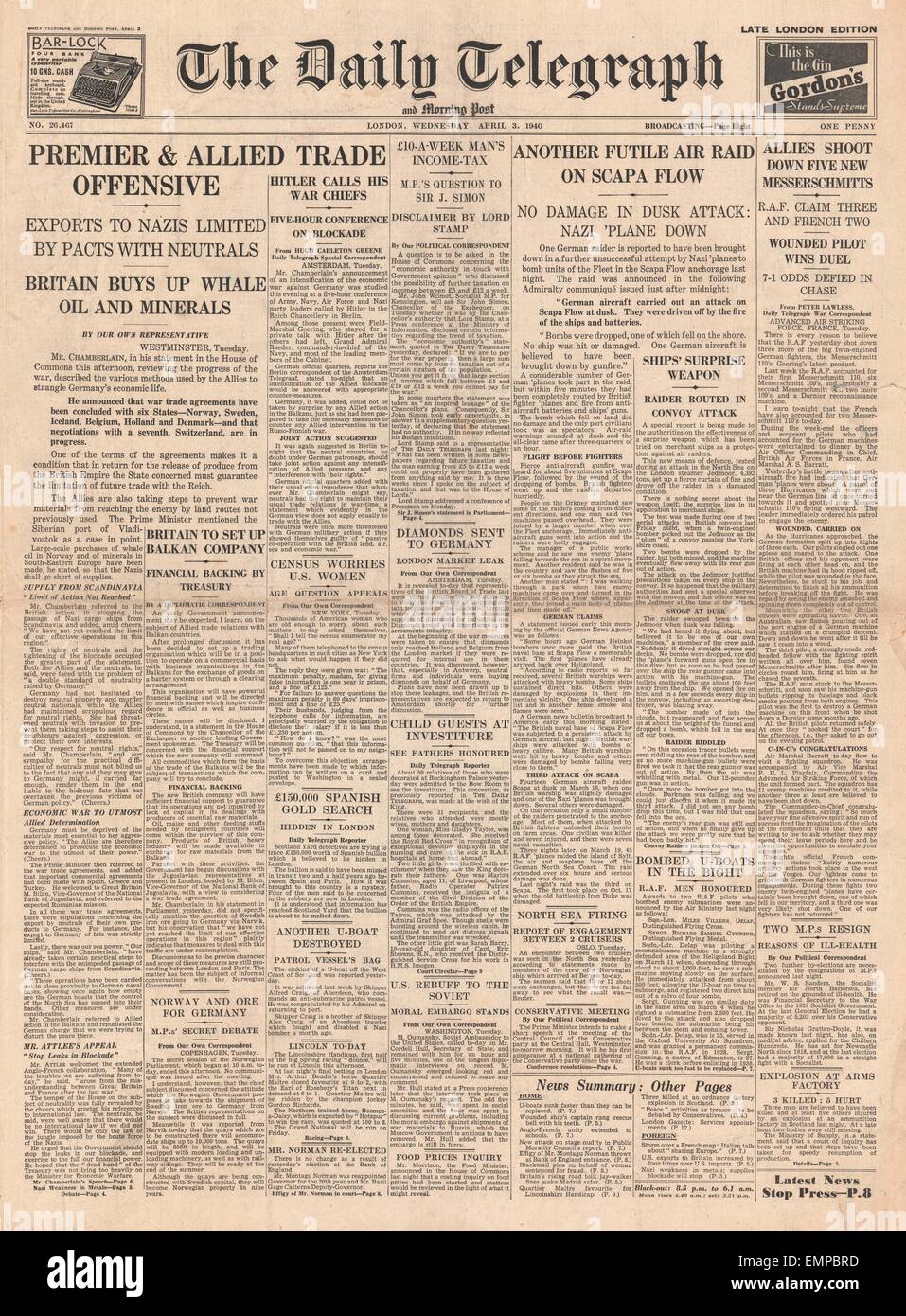 1940-Titelseite Daily Telegraph Premierminister Neville Chamberlain auf alliierte Wirtschaftsblockade gegen Deutschland Luftangriff auf Scapa Stockfoto