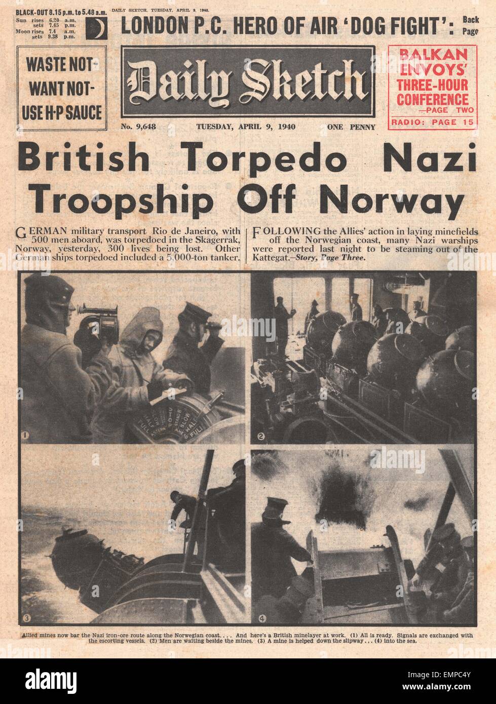 1940-Titelseite Daily Sketch Deutsch Schiffe Rio De Janeiro Posidonia versenkt durch britische u-Boot vor Südnorwegen Stockfoto