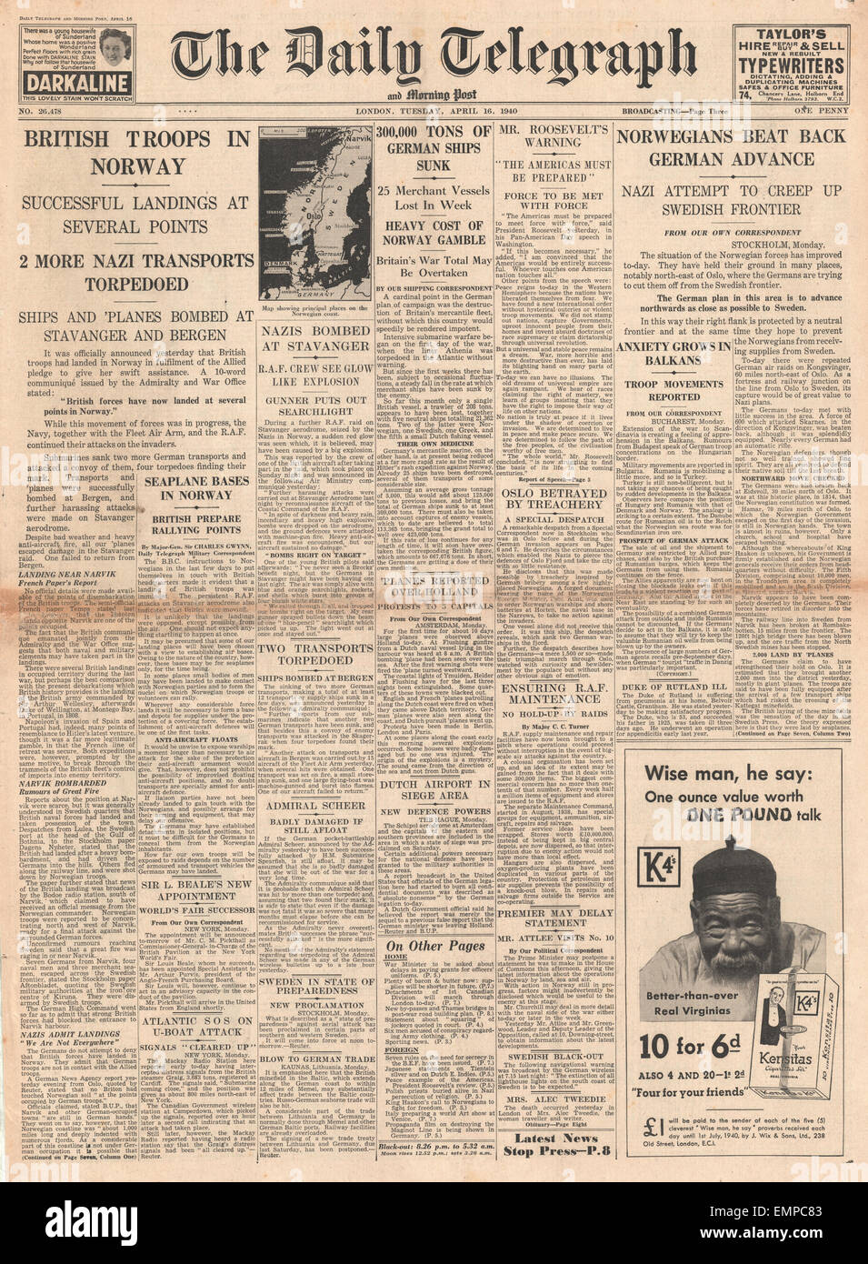 1940-Titelseite Daily Telegraph britische Truppen Land in Norwegen Stockfoto