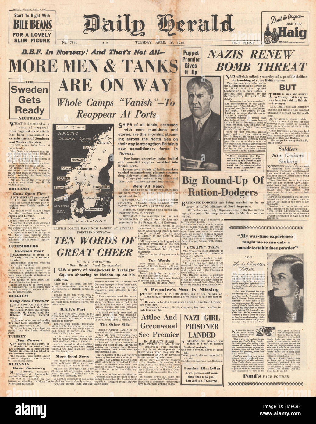 1940-Titelseite Daily Herald britische Truppen Land in Norwegen Stockfoto