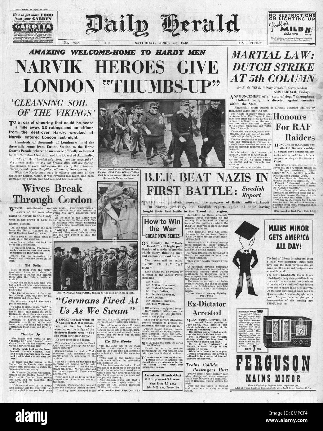 1940-Titelseite Daily Herald Überlebenden der HMS Hardy kommen zurück in Enland von Narvik Stockfoto