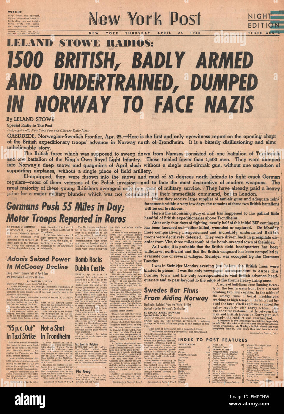 1940-Titelseite New York Post Kritik der britischen Truppen in Norwegen Stockfoto