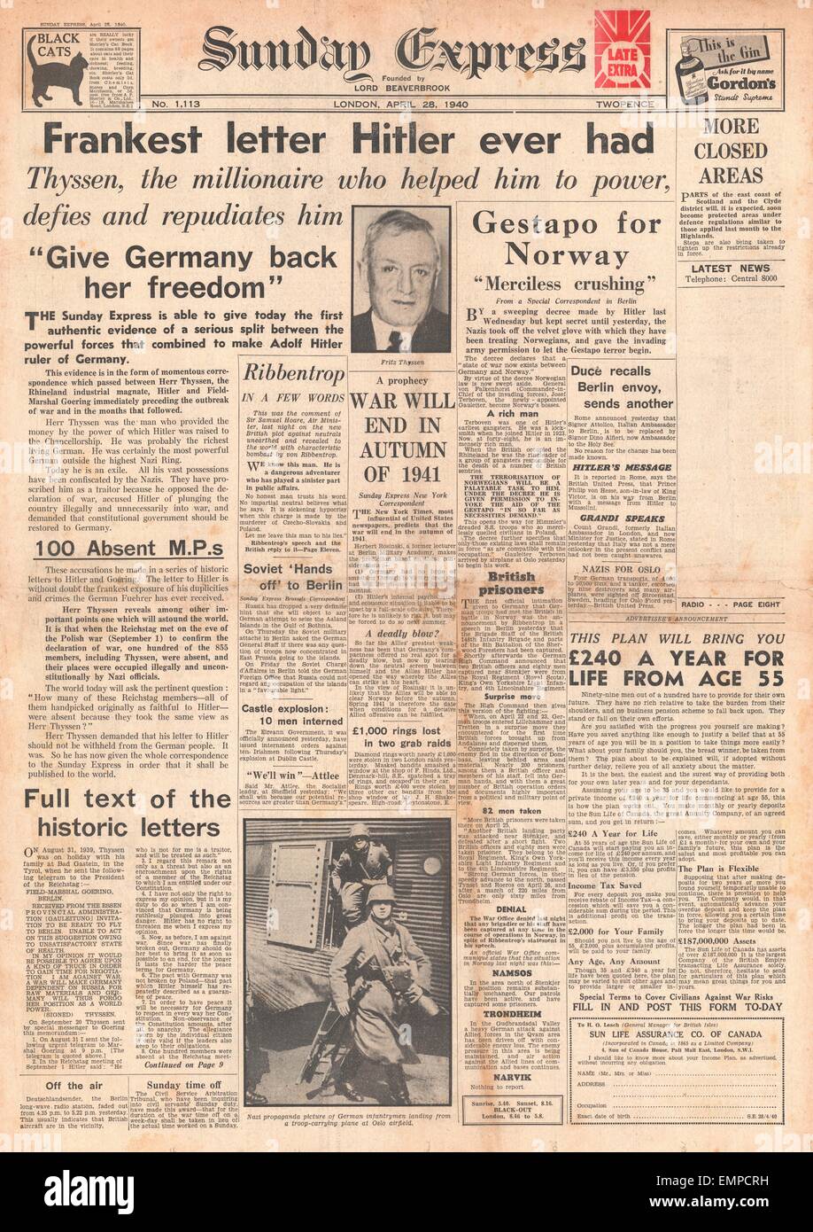 1940-Titelseite Sunday Express Brief an Hitler vom industriellen Magnet Fritz Thyssen, Stockfoto