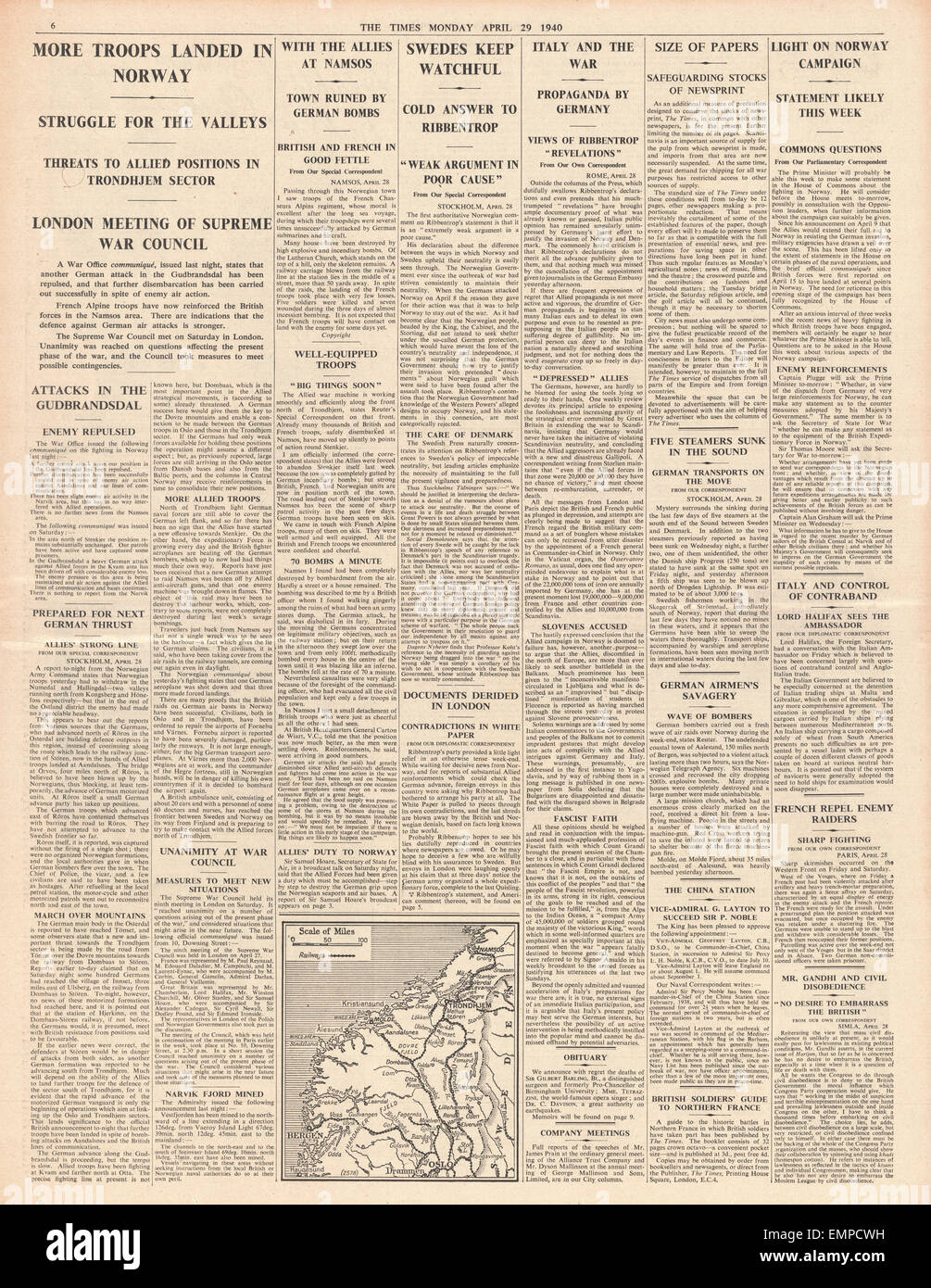 1940 s. 6 landen The Times mehr britische Truppen in Norwegen Stockfoto