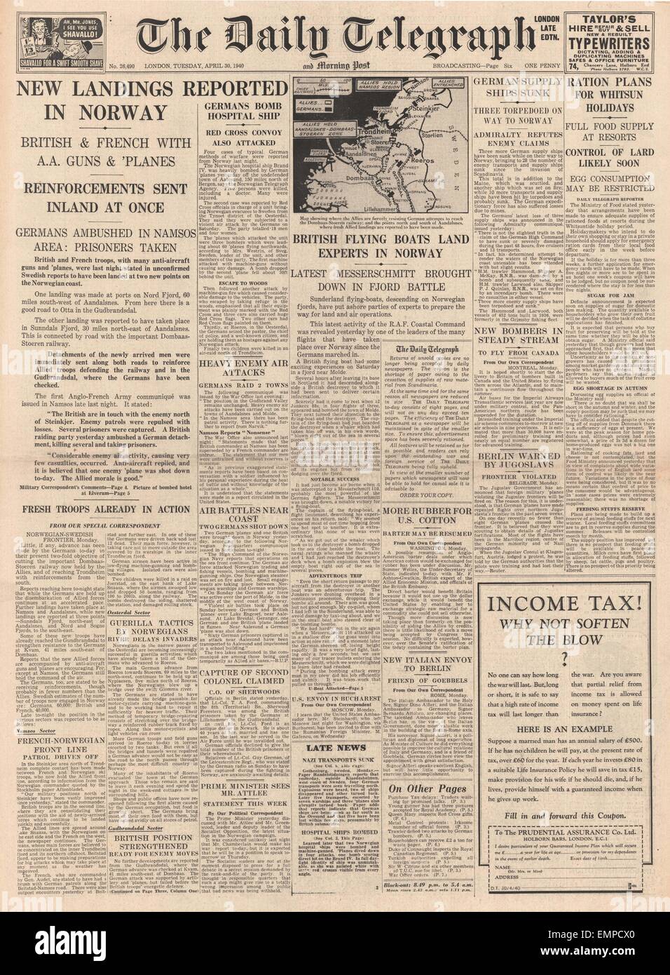 1940-Titelseite Daily Telegraph mehr britische Truppen landen in Norwegen Stockfoto
