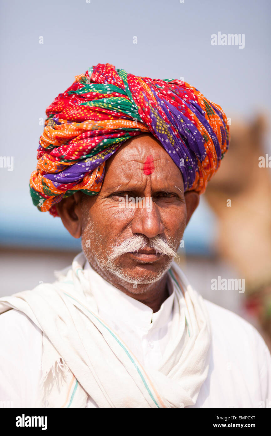 Porträt von einem senior Rajasthani, Mann mit Bart und Turban, Pushkar, Rajasthan, Indien Stockfoto