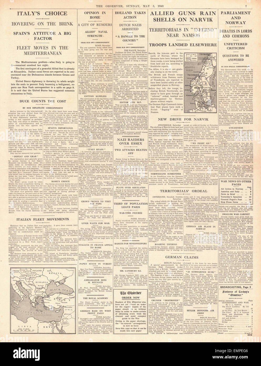 1940 Titelseite The Observer Alliierten Kanonen bombardieren Narvik Italien am Rande des Krieg Stockfoto