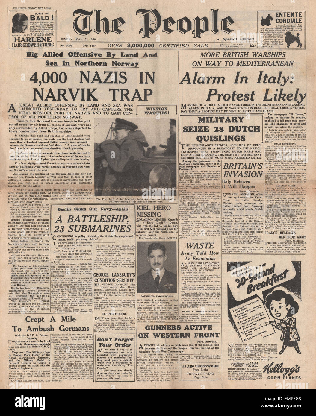 1940 Titelseite der Menschen Alliierten Kanonen bombardieren Narvik Italien am Rande des Krieg Stockfoto