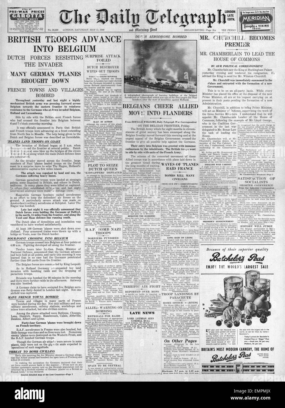 1940-Titelseite Daily Telegraph britische Truppen voraus in Belgien Stockfoto