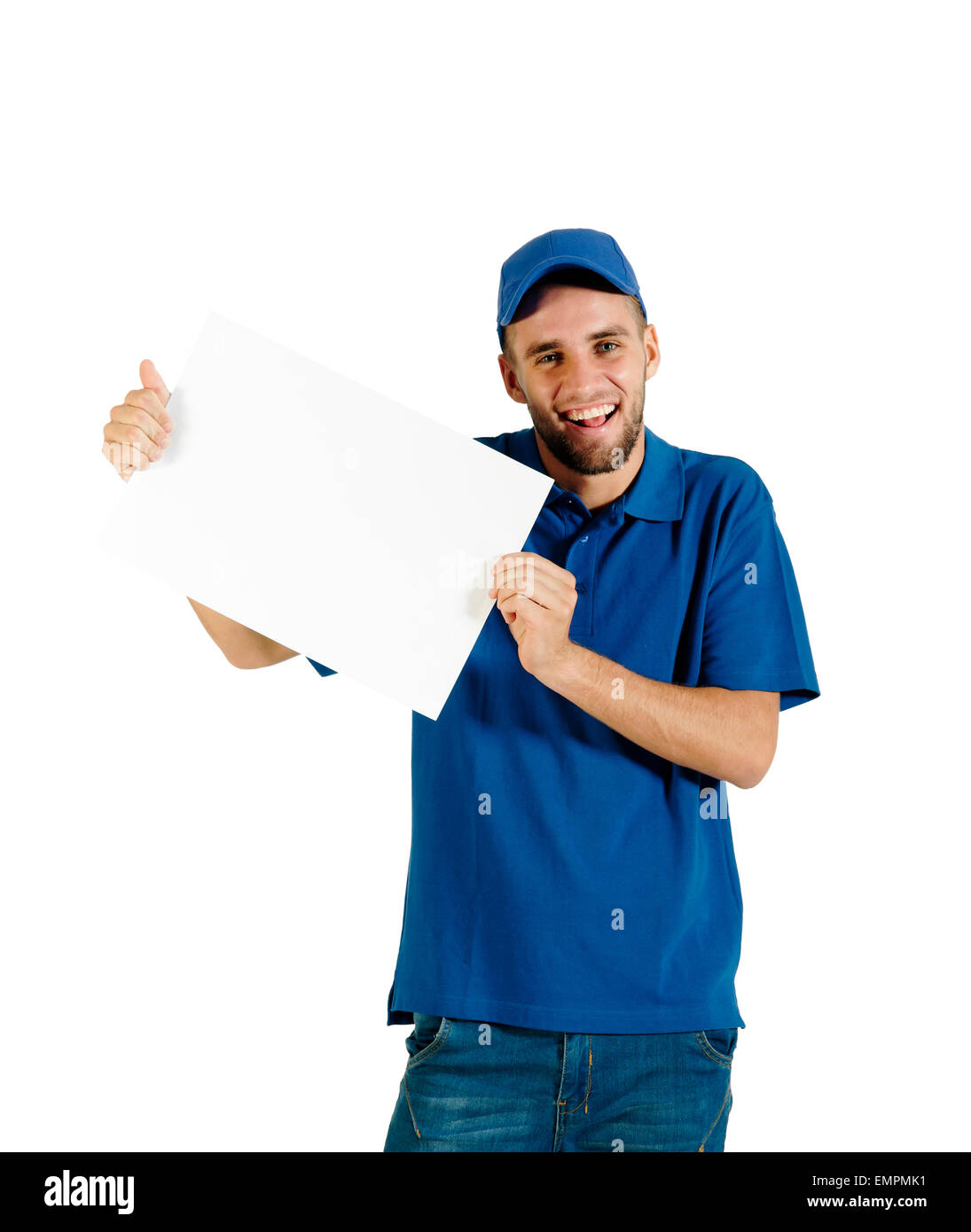 Begeisterte junge tragen blaue Schild halten Stockfoto