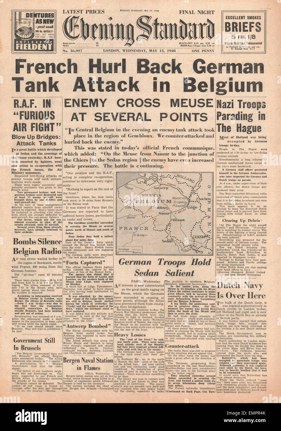 1940-Titelseite Abend Standard französische Armee zurückhalten deutscher Panzerangriff in Belgien Stockfoto