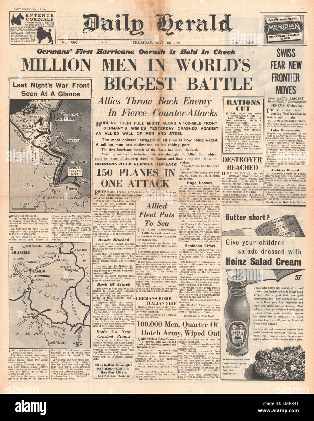 1940-Titelseite Daily Herald eine Million Truppen in der Schlacht an der Westfront Stockfoto