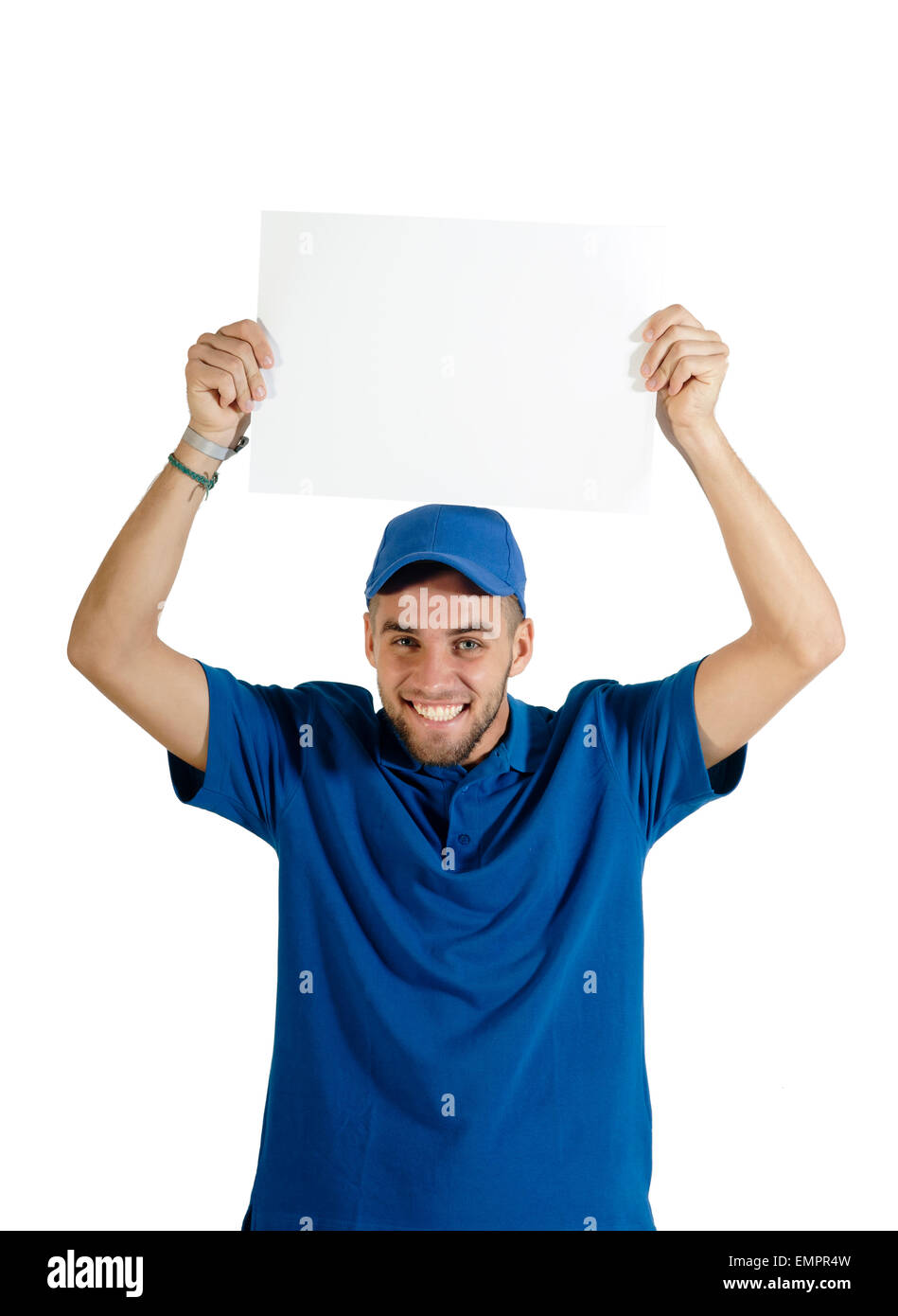 Begeisterte junge tragen blaue Schild halten Stockfoto