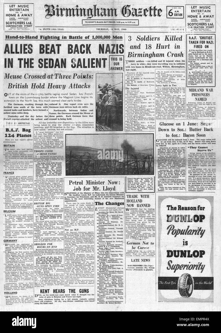 1940-Titelseite Birmingham Gazette eine Million Truppen in der Schlacht an der Westfront Stockfoto