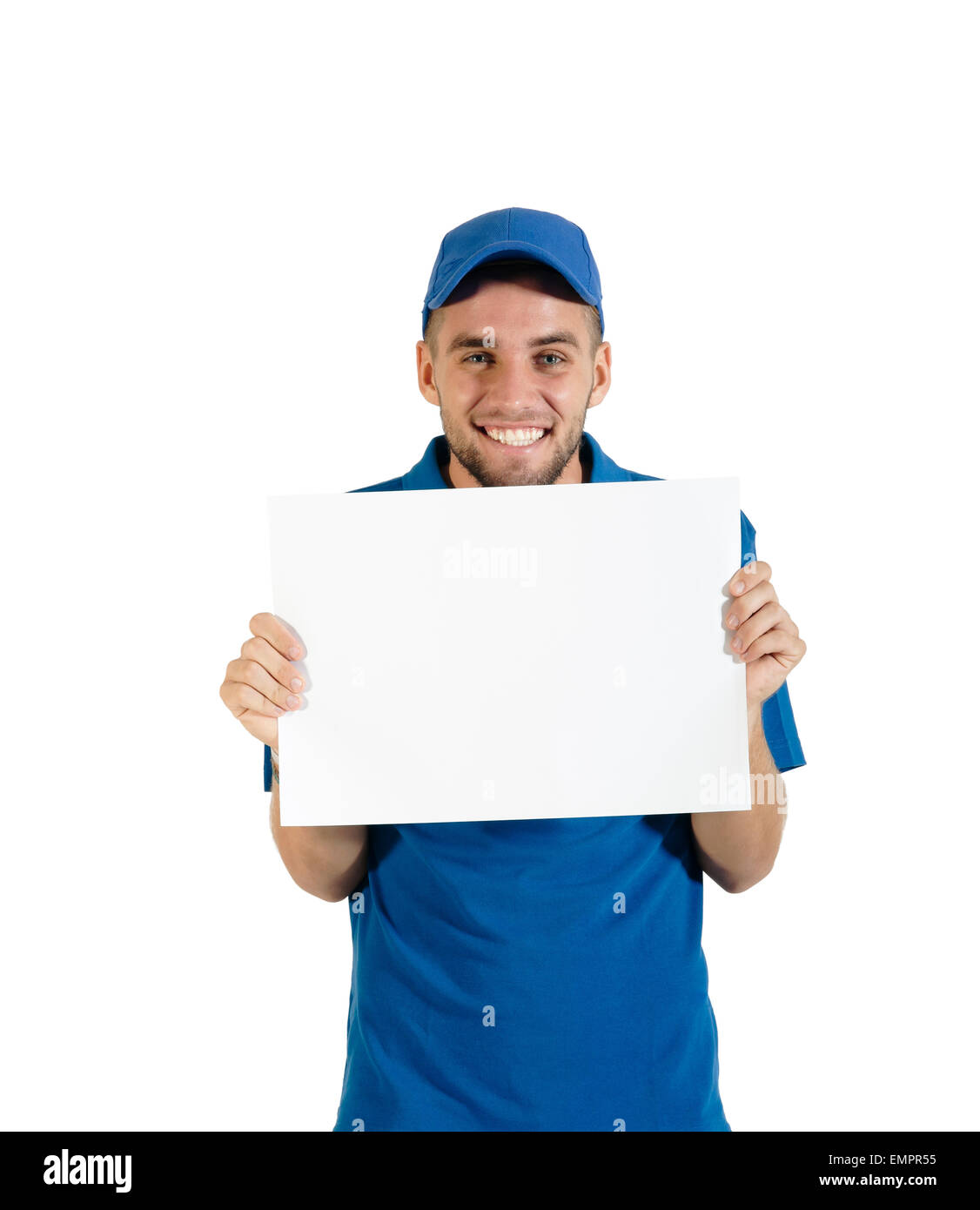 Begeisterte junge tragen blaue Schild halten Stockfoto