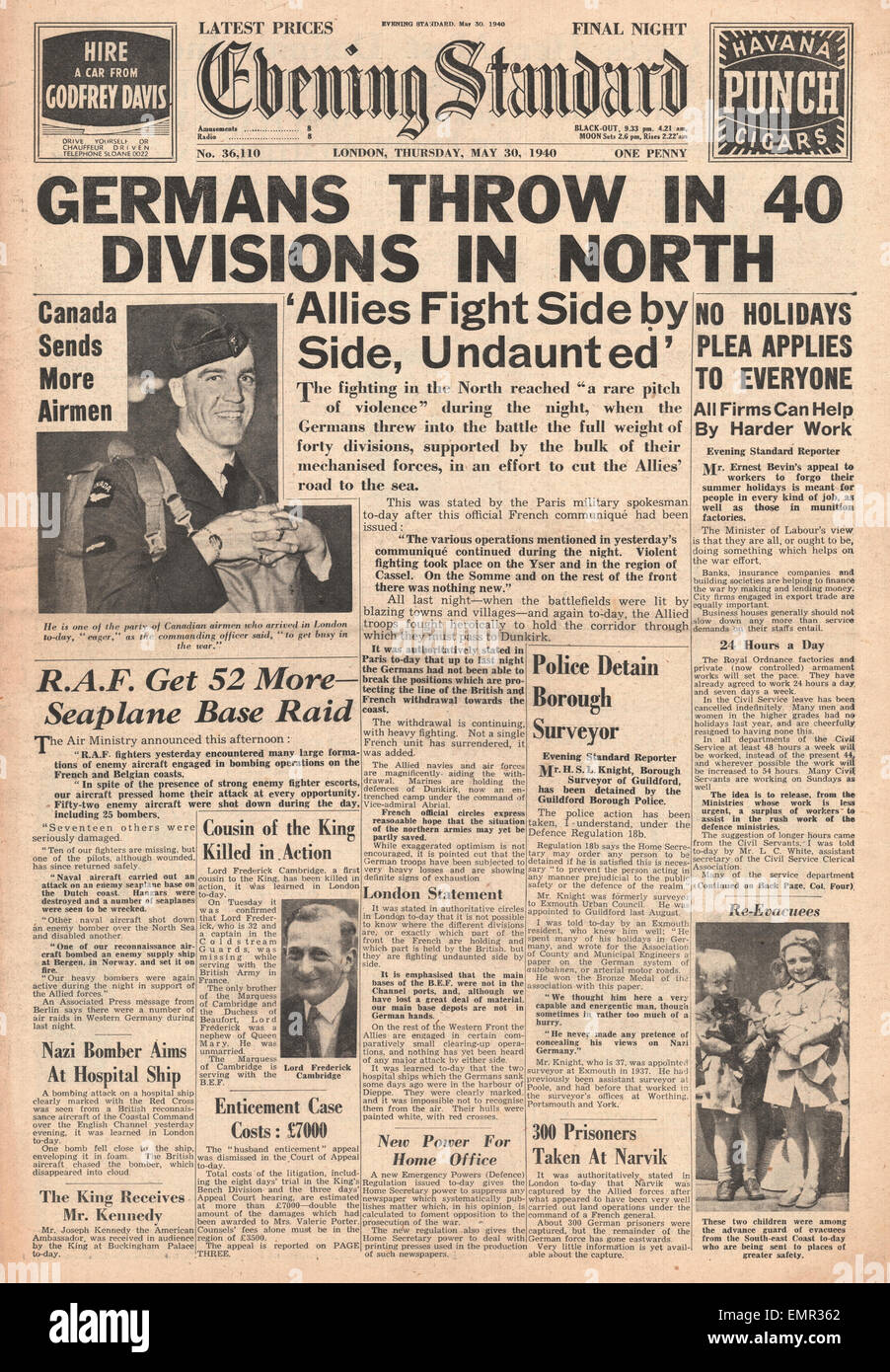 1940-Titelseite Evening Standard (London) Deutsch hinzufügen 40 Divisionen in Frankreich Flandern-Schlacht Stockfoto