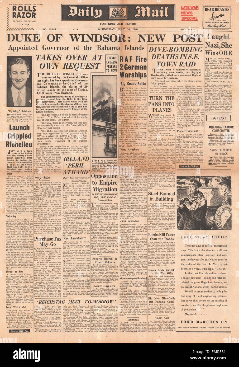 1940-Titelseite Daily Mail Herzog von Windsor ernannt Govenor of Bahama Islands Stockfoto