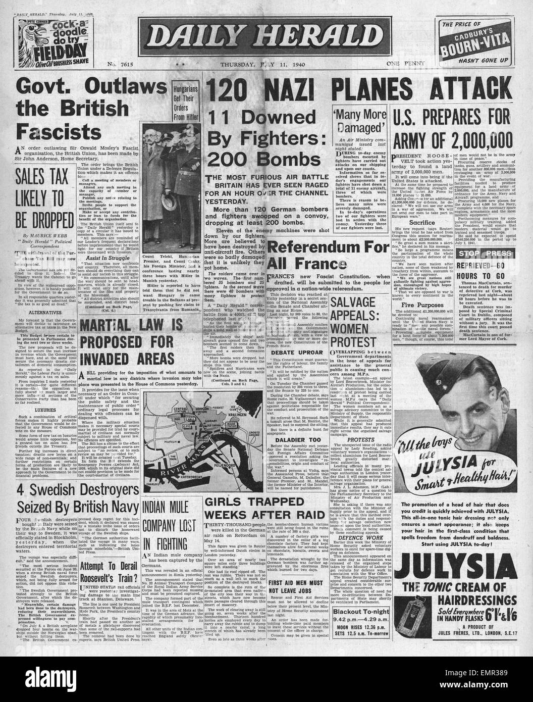 1940-Titelseite Daily Herald Schlacht von Großbritannien beginnt Stockfoto