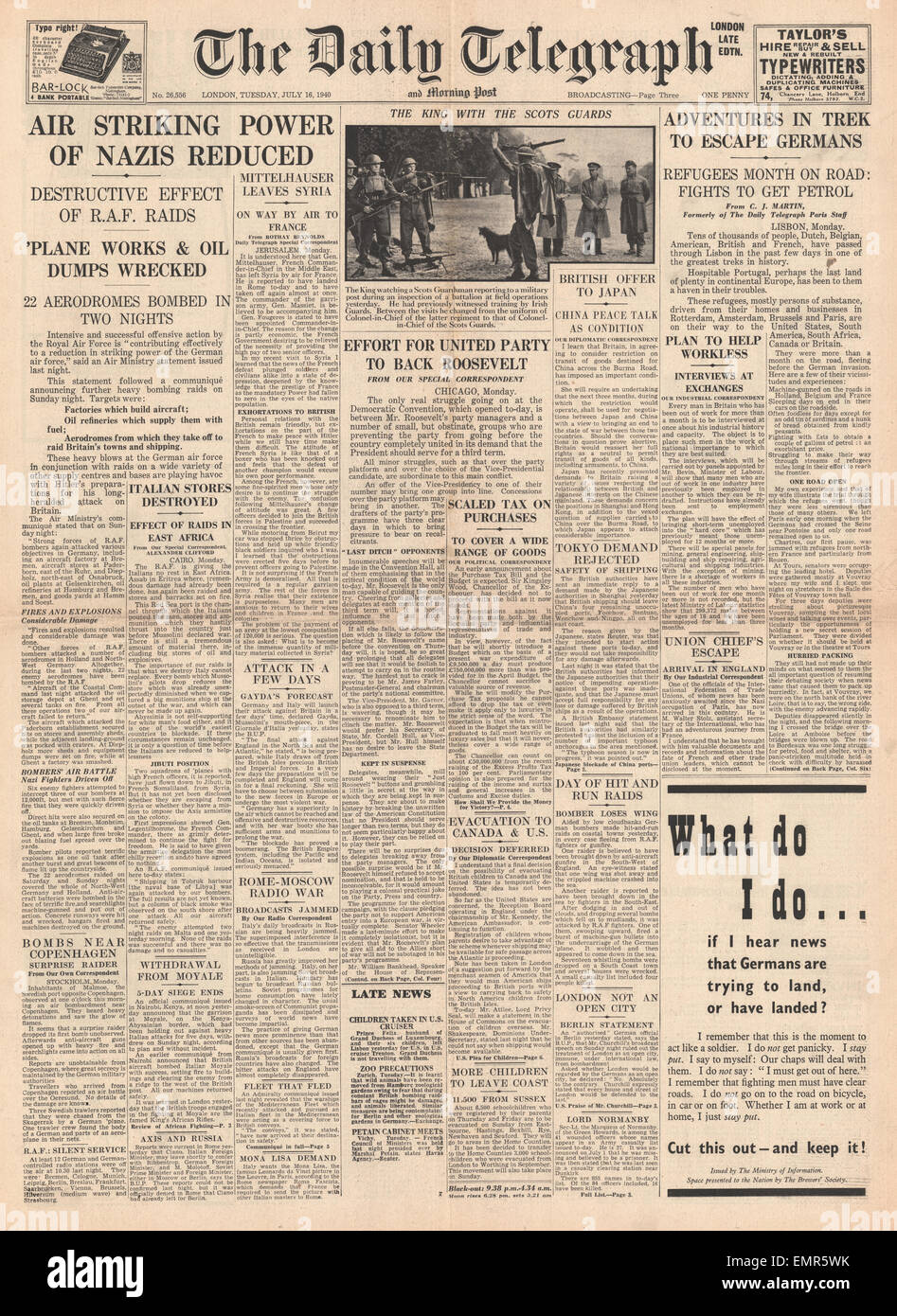 1940-Titelseite Daily Telegraph Luftschlacht um England Stockfoto