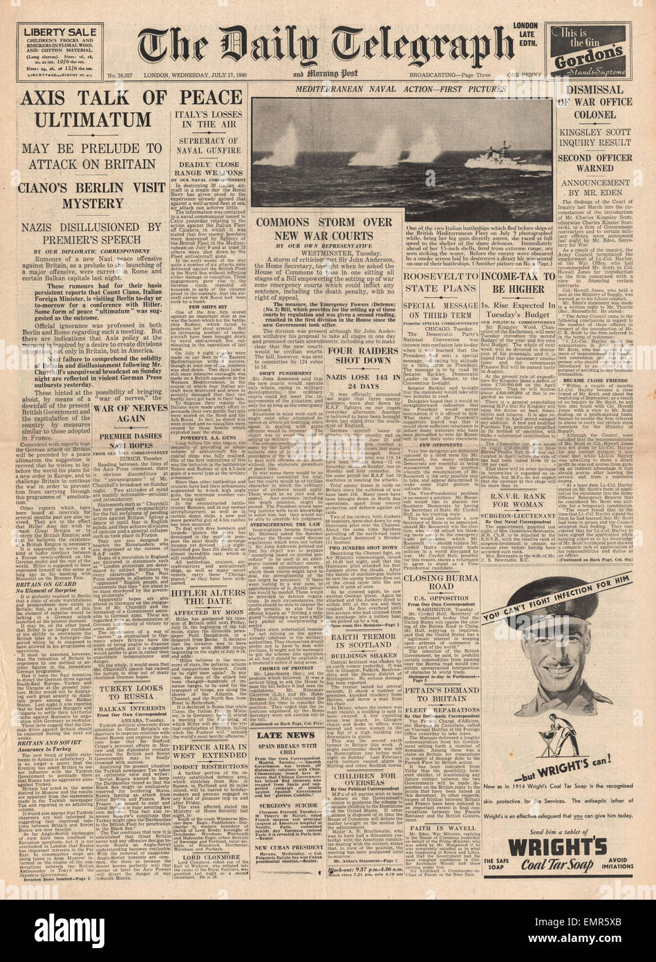 1940 Titelseite Daily Telegraph Mittellinie Energien sprechen von Frieden Ultimatum. Die britische Regierung bittet um Befugnisse zum Kriegsgebiet einrichten Stockfoto