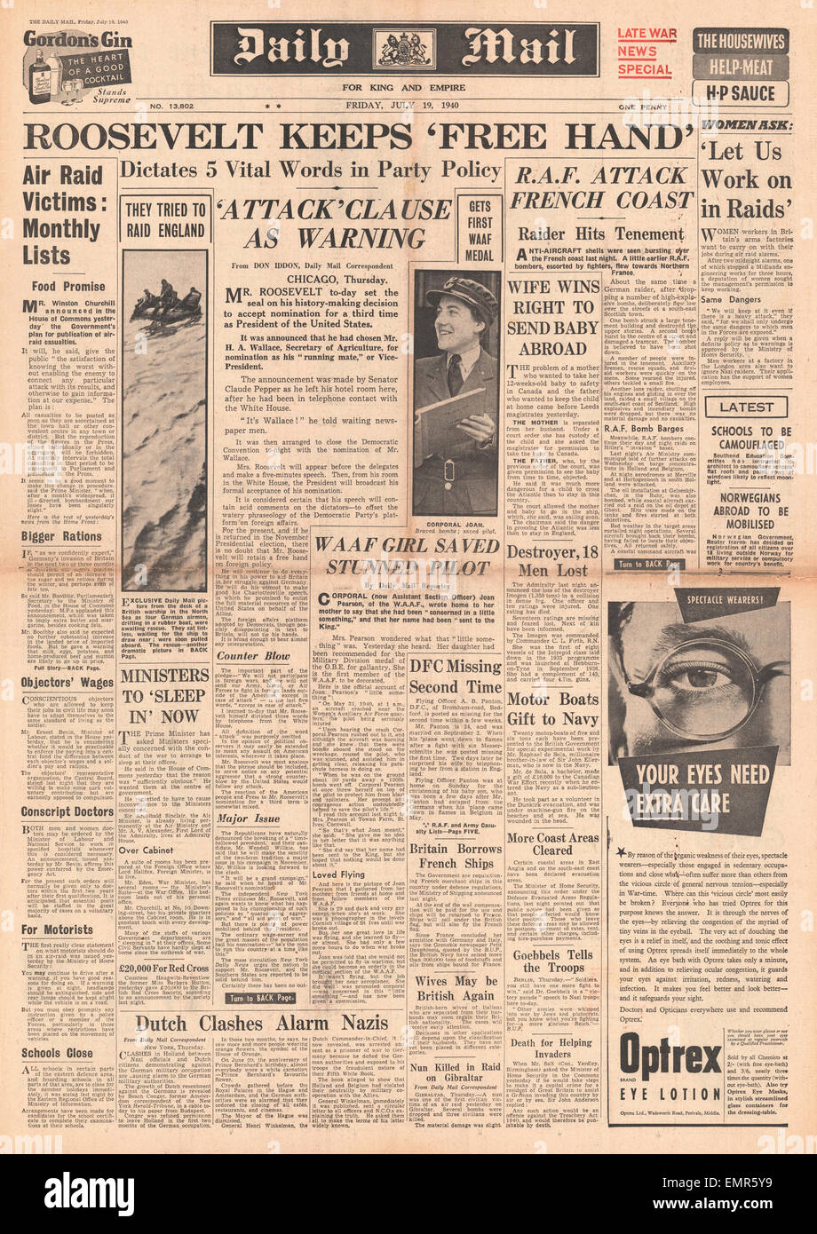 1940-Titelseite Daily Mail Präsident Roosevelt für dritte Amtszeit nominiert Stockfoto