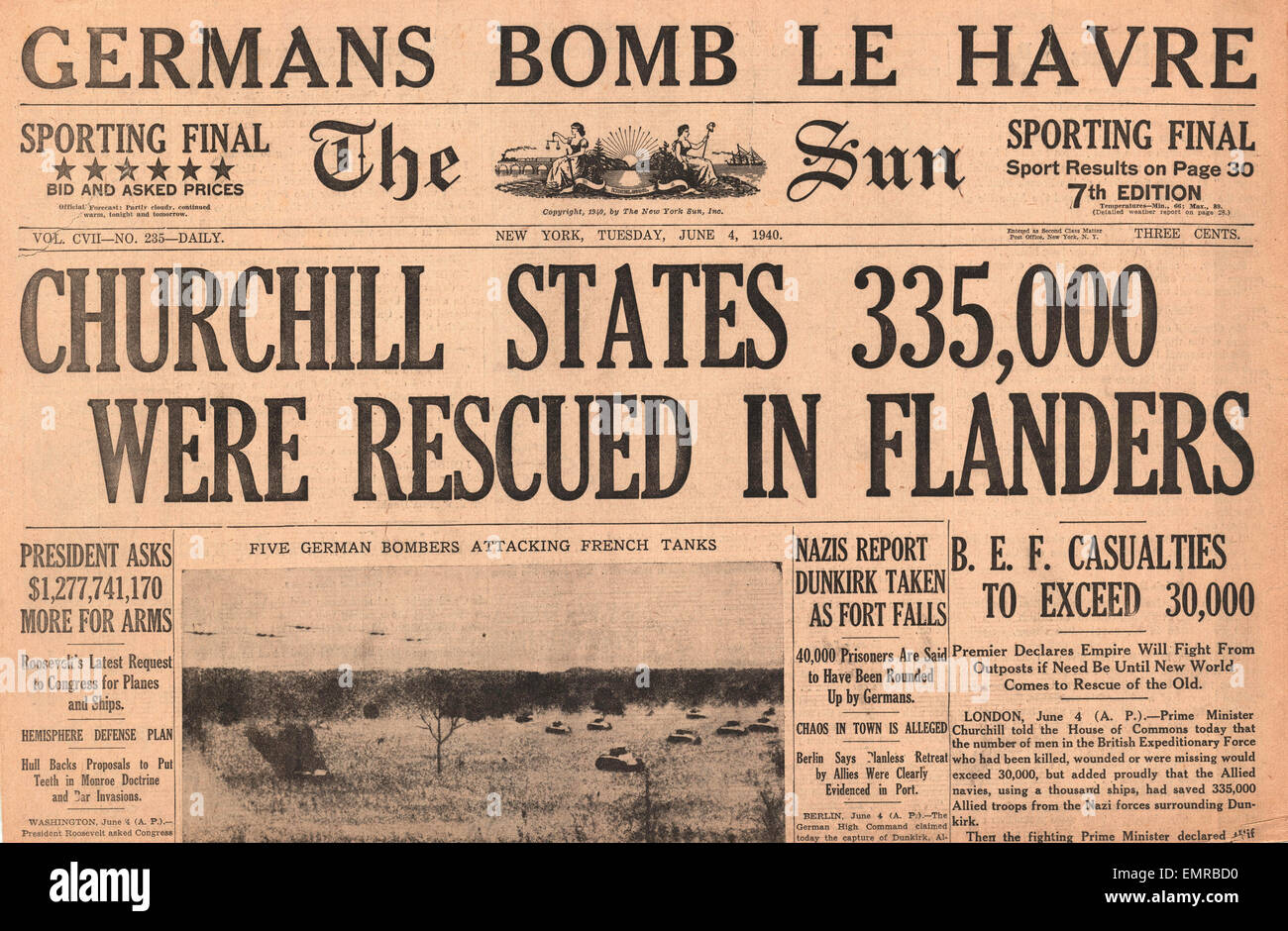 1940-Titelseite der Sonne (New York) Churchill sagt 335.000 wurden von Dünkirchen gerettet Stockfoto