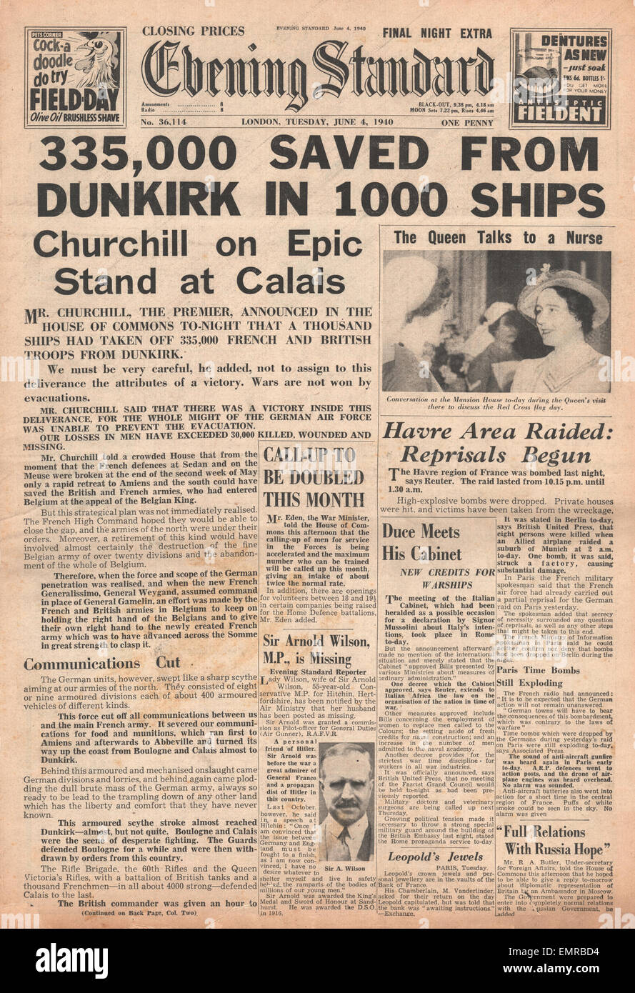 1940-Titelseite Evening Standard (London) 335.000 Truppen aus Dünkirchen gerettet Stockfoto