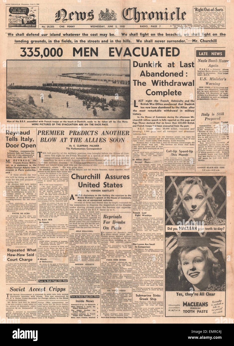 1940 Titelseite News Chronicle 335.000 Truppen aus Dünkirchen gerettet Stockfoto