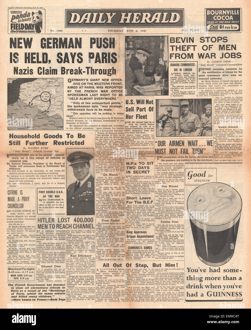 1940-Titelseite Daily Herald Deutsch Kräfte in Richtung Süden nach Paris Stockfoto