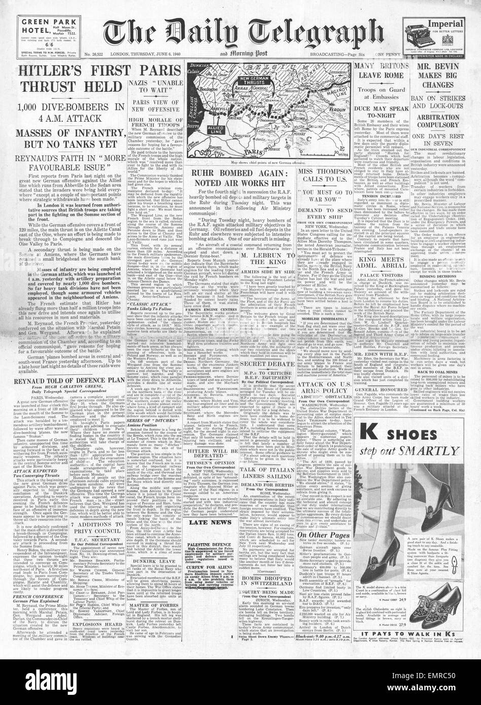 1940 zwingt Titelseite Daily Telegraph Deutsch Richtung Süden nach Paris Stockfoto
