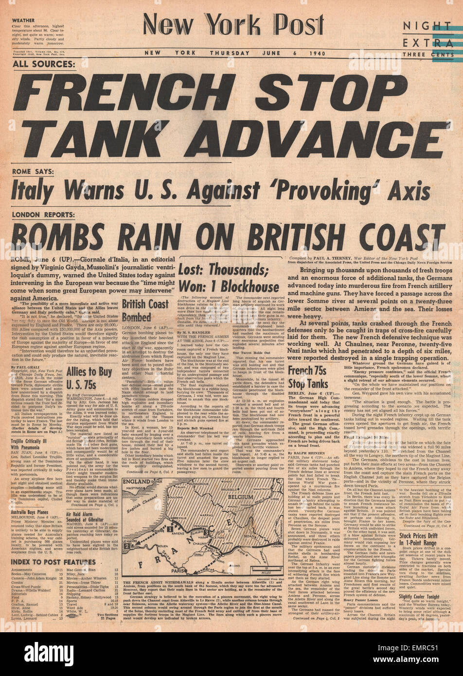 1940-Titelseite New York Post deutsche Kräfte in Richtung Süden nach Paris Luftwaffe Bomben Küste von Großbritannien Stockfoto