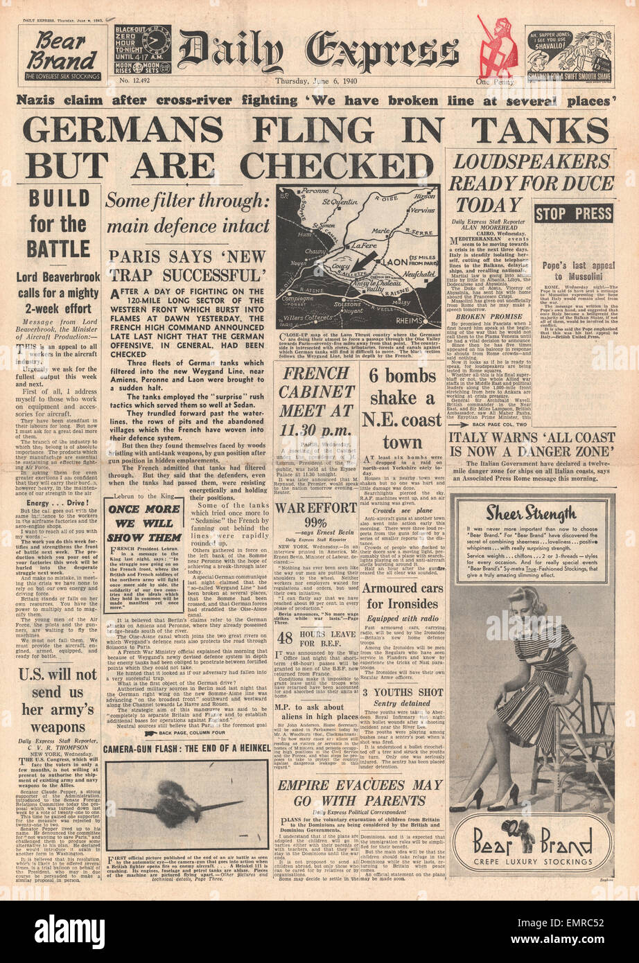 1940 Einhalt zu Gebieten Titelseite Daily Express deutsche Truppen Richtung Süden zu Paris französische Armee Vormarsch der deutschen Panzer Stockfoto