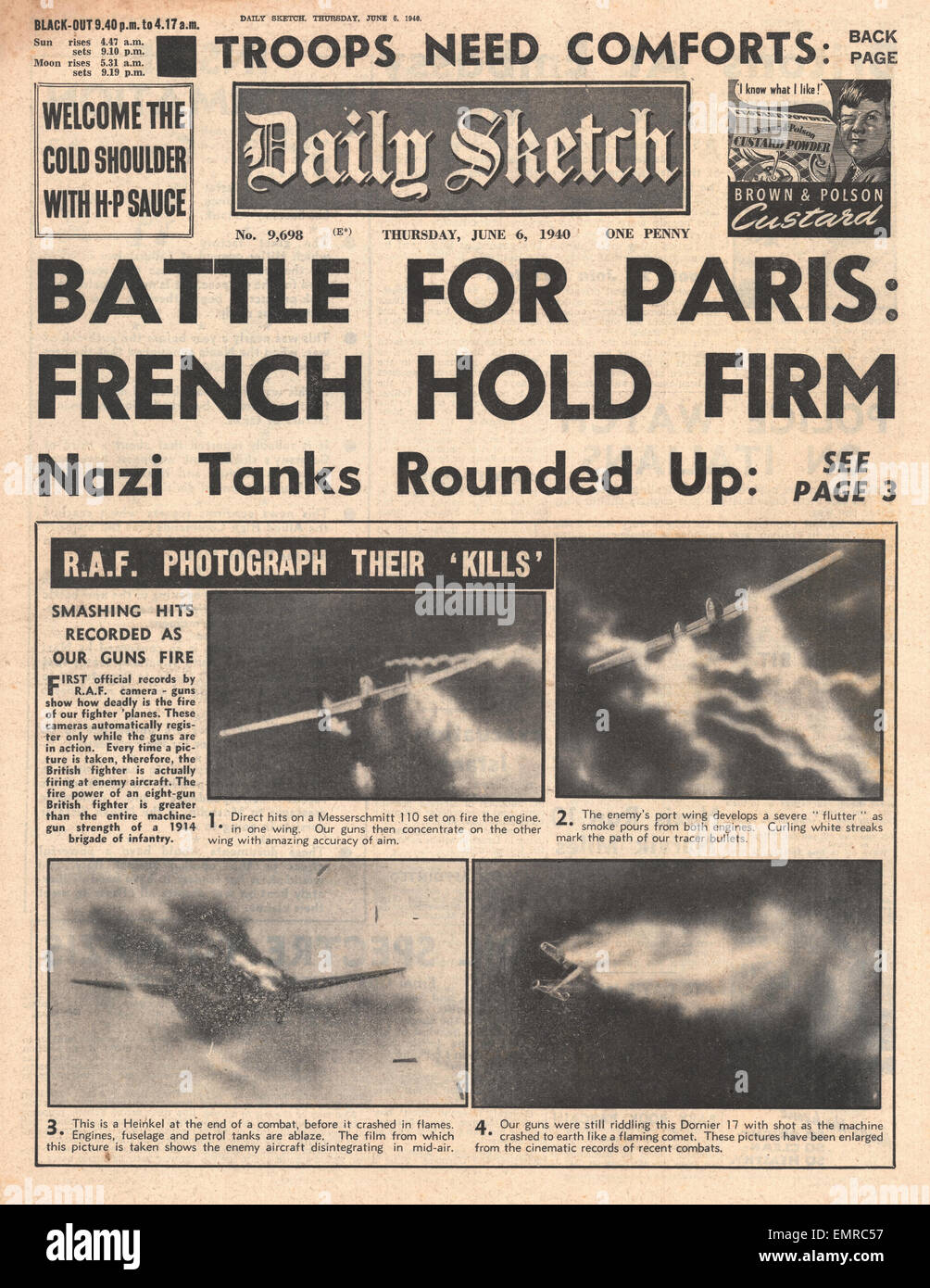 1940 Einhalt zu Gebieten Titelseite Daily Sketch Wehrmacht Richtung Süden zu Paris französische Armee Vormarsch der deutschen Panzer Stockfoto
