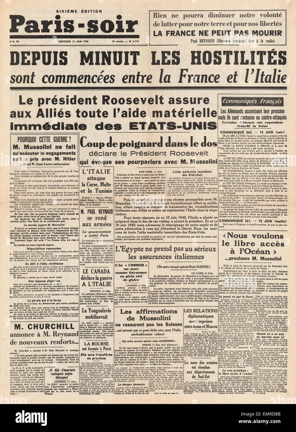 1940-Titelseite Paris-Soir Italien erklärt Krieg auf der Verbündeten Präsident Roosevelt Zusagen mehr US-Hilfe Stockfoto