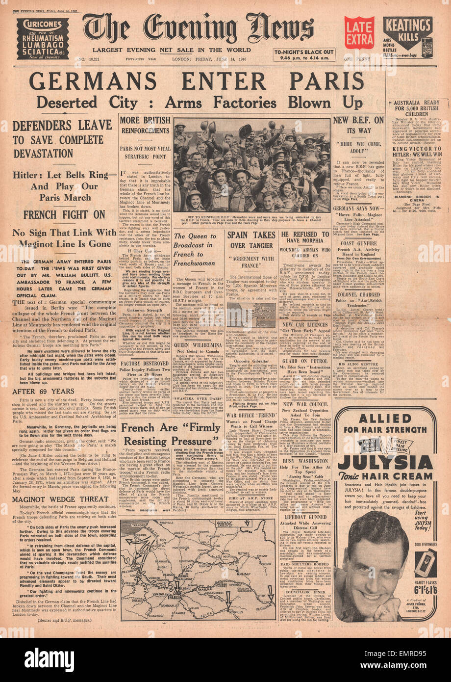 1940-Titelseite Evening News (London) Bundeswehr tritt in Paris Stockfoto