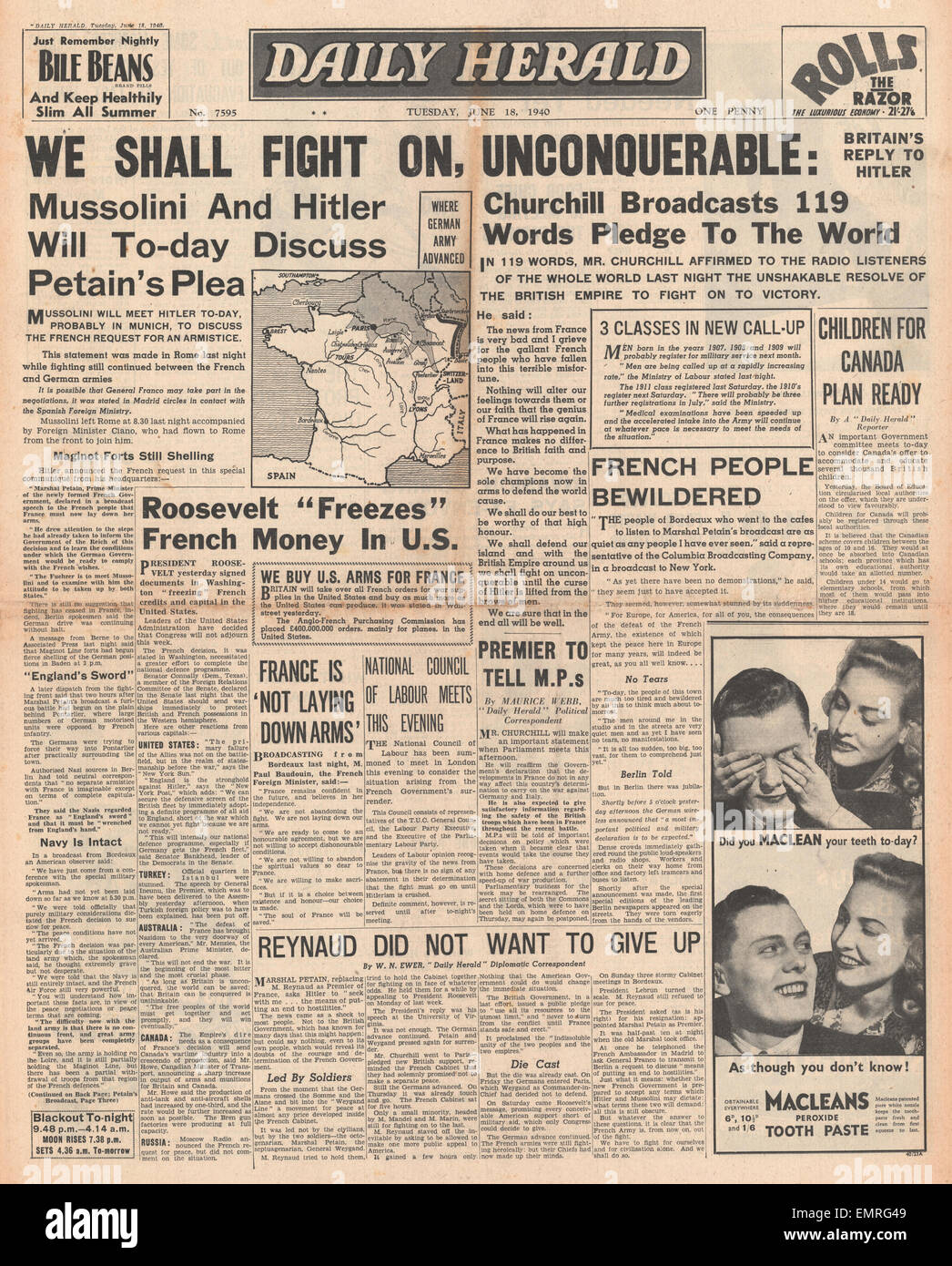 1940-Titelseite Daily Herald Frankreich weiter kämpfen Stockfoto
